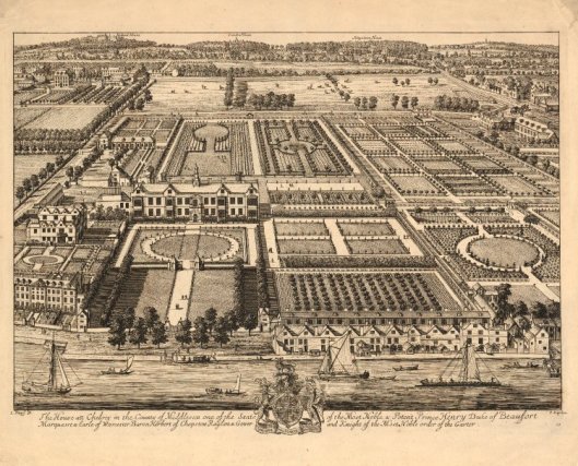 Beaufort House, drawn by Kip in 1708 for Britannia Illustrata Beaufort House in the centre of the picture, Lindley House bottom left, Gorges House between the two and the stable blocks beyond the main house on the left